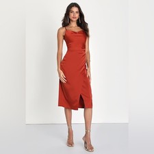 Lulus Hollywood Woman Bronze Satin Draped Cowl Neck Midi Dress Large Rust Orange