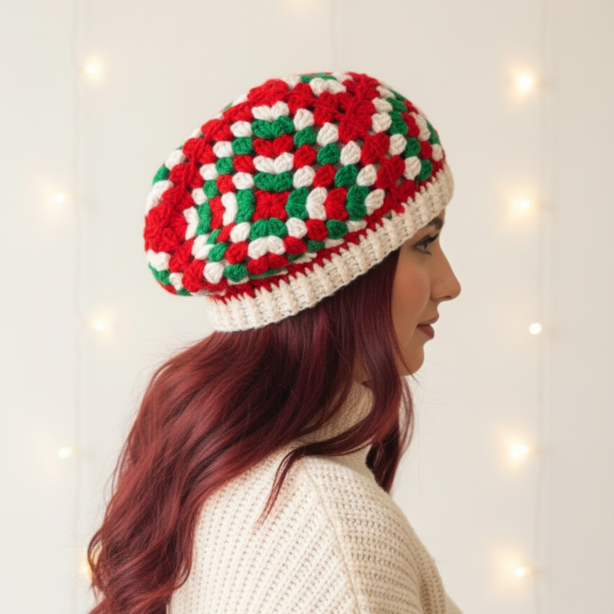 Granny Square Crochet Beret Hat, Colorful Winter Wool Beanie 