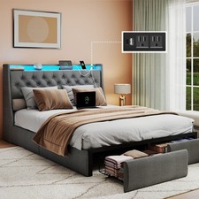 Queen Size Bed Frame with Headboard and 2 Storage Drawers, Upholstered Wingback