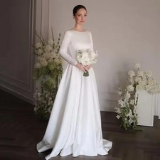 White A-line Long Wedding Dress Simple Round Neck Long Sleeved Satin Bridal Gown