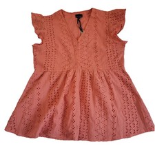 Coco + Carmen Eyelet Button Front Top Flutter Sleeve Coral S/M Woman’s Cute