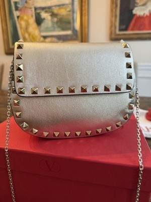 New Valentino Garavani Rockstud Gold Calf Leather Small Chain Crossbody Bag