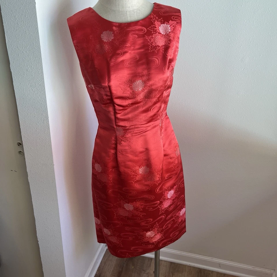 Vtg 60s Fou Wah Hong Kong Silk Satin Dress Red Brocade Size XS/S w/Jacket- 2 pc - Image 3 of 4