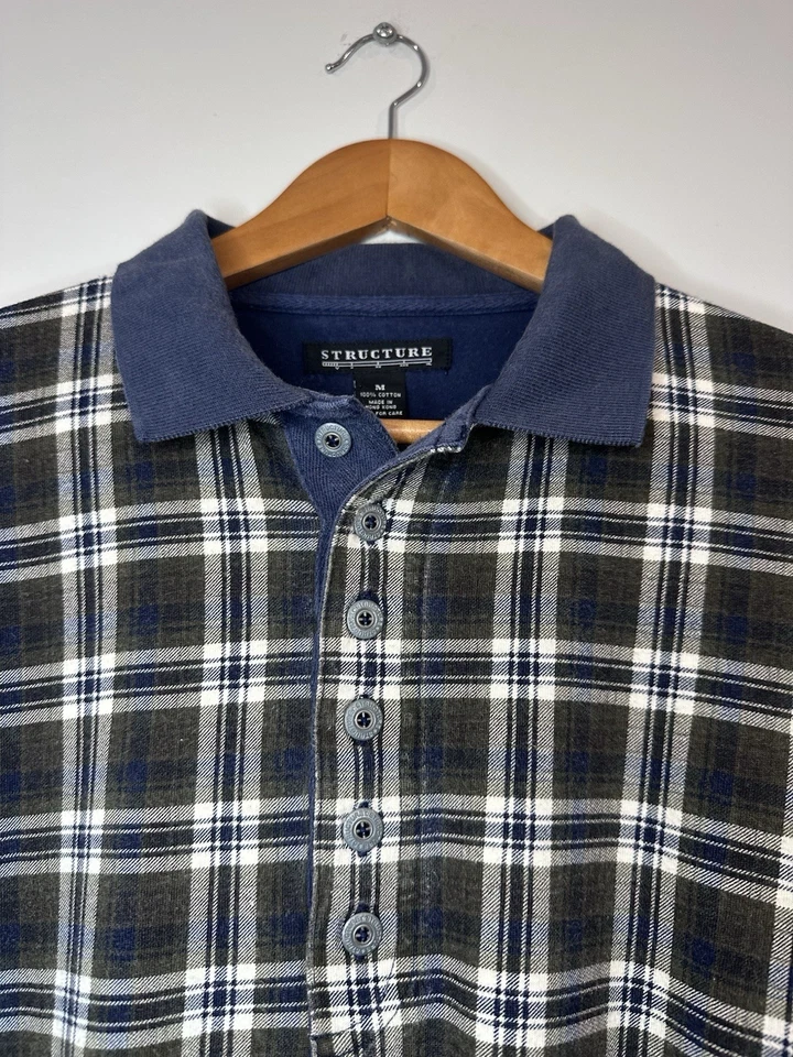 Polo Estructura Vintage Talla M Azul Verde Años 90 Cuadros Manga Larga Botones Metal Foto 3 de 4