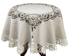Battenburg Lace Tablecloth with Hand Embroidery 57" Round Topper Ecru Beige 0032