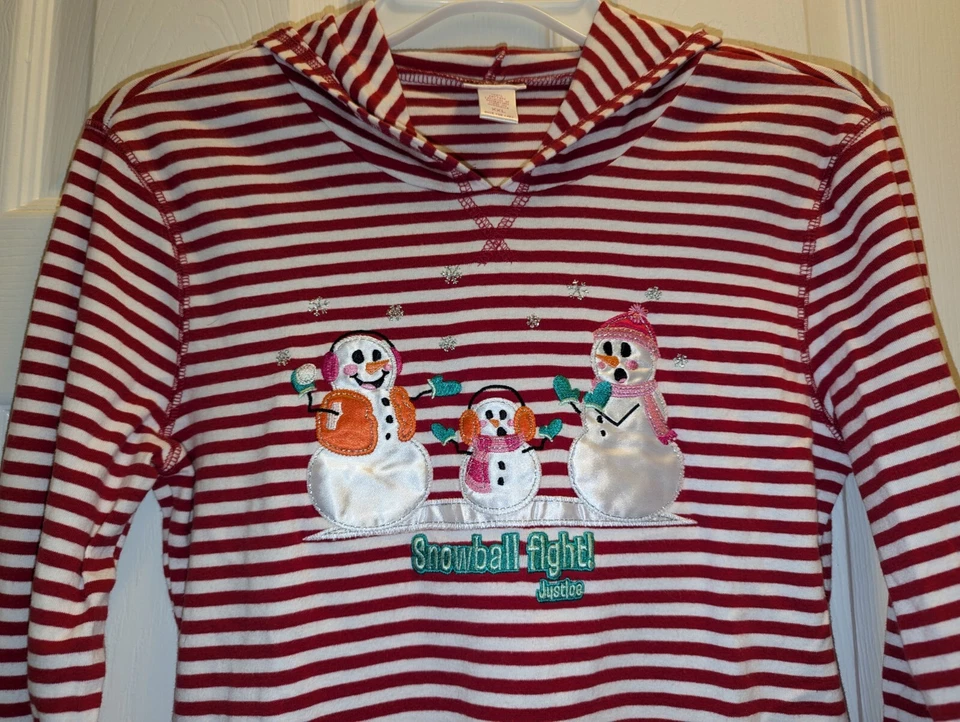 Justice Hooded Pullover Girl XXL Red Long Sleeve Stripe Snowman Appliq Christmas - Image 4 of 4