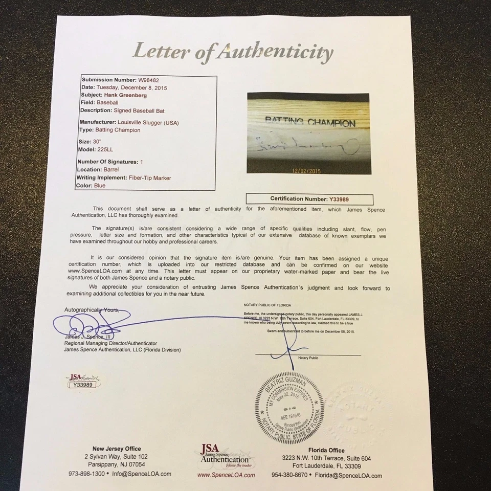 Rare Hank Greenberg Signed Autographed Louisville Slugger Baseball Bat JSA COA - Image 3 of 4