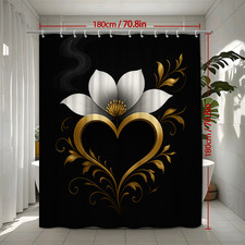 Elegant Black Floral Shower Curtain with Gold Heart Design