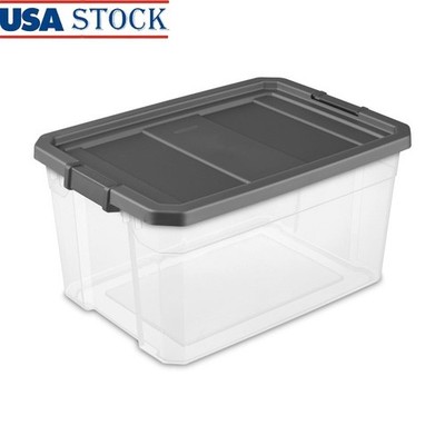 Durable 76 Quart Stackable Plastic Storage Bin W/ Latch Lid Garages Attics New
