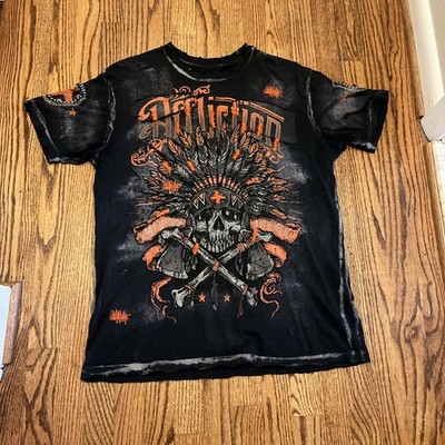 Vintage Affliction Y2K T-Shirt Men s L Native American Skull Chief Crewneck AOP