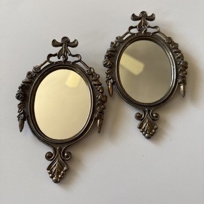 2 Vtg Italian Ornate Framed Brass Mirror Pair Wall Hanging - Made In Italy