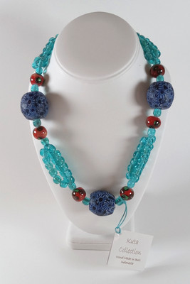 18'' glass china blues beads statement necklace, made in Bali for Java Jewels NWT