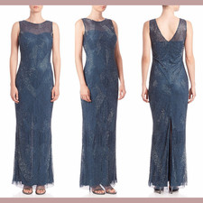 NWT 485 Aidan Mattox  2 US Riviera Beaded Illusion Top Gown in Blue M157
