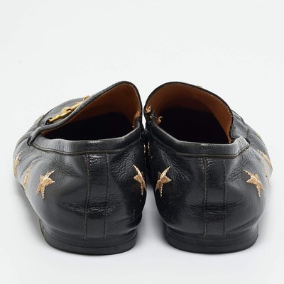 Gucci Black Leather Embroidered Bee Star Horsebit Slip On Loafers