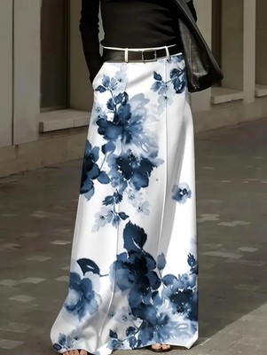Plus Size 20 2x Stretch Silky BLUE Watercolor Maxi Skirt White Classy Elegant