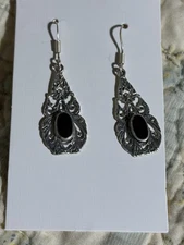 Woman’s Vintage Sterling Silver Earrings Black Onyx Signed Boma 2 Inch 