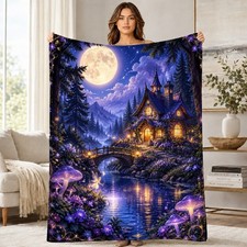 Moonlit Cottage Fairy Forest Coral Fleece Blanket Enchanted Decor