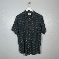 Marine Layer Men L Black Hawaiian Pohaku Tiki Tropical Print Camp Shirt Cotton