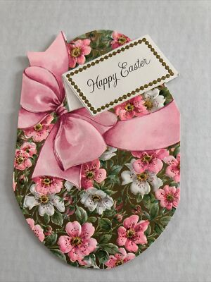 Vtg Easter Greeting Card Hallmark Gold Pink Apple Cherry Blossoms Embossed Used