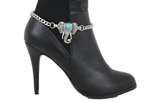 Fun Women Boot Chain Silver Metal Shoe Bling Turquoise Blue Bead Elephant Charm