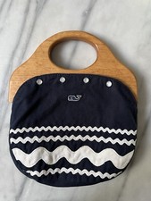 Vineyard Vines Bermuda Bag Purse Wood Handle Navy Blue White Rick Rack Whale Vtg