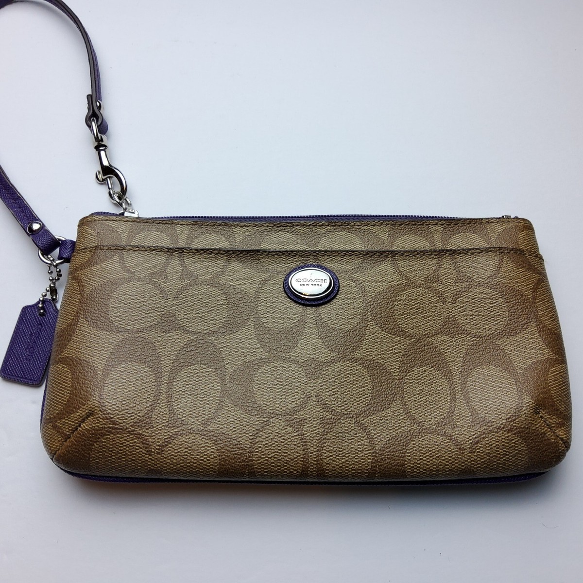 Coach Signature F49965 Purple Trim Large Wristlet Wallet Pouch