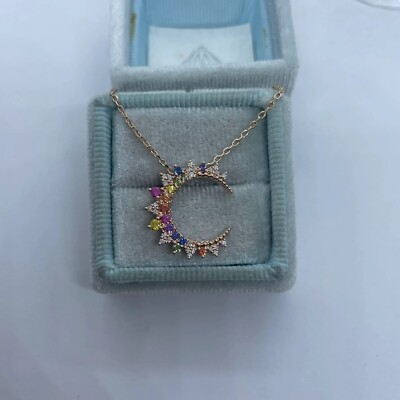1Ct Round Cut Rainbow Sun & Moon Pendant 14K Rose Gold Finish Free Chain