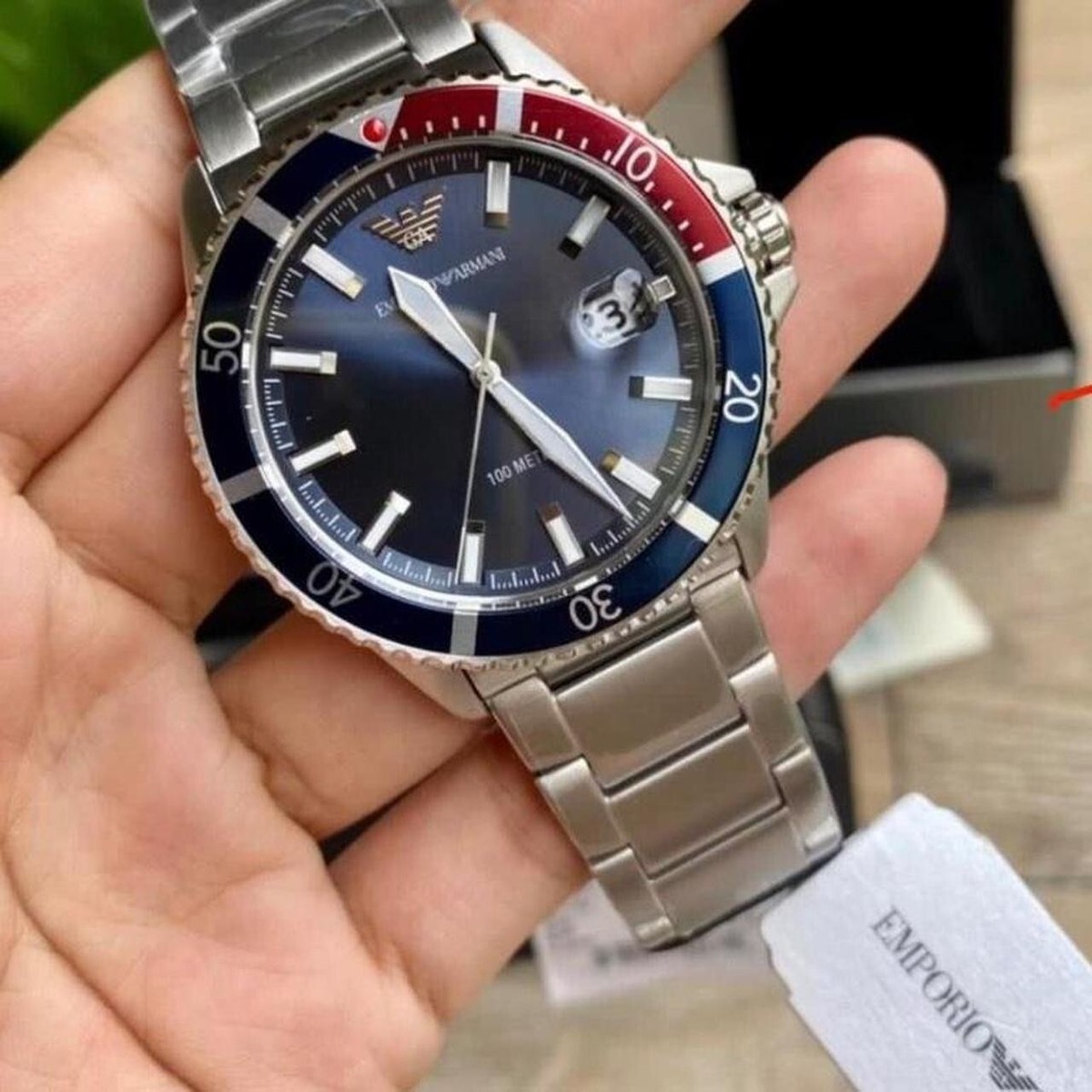 NEW EMPORIO ARMANI MENS AR11339 BLUE & RED PEPSI STAINLESS STEEL