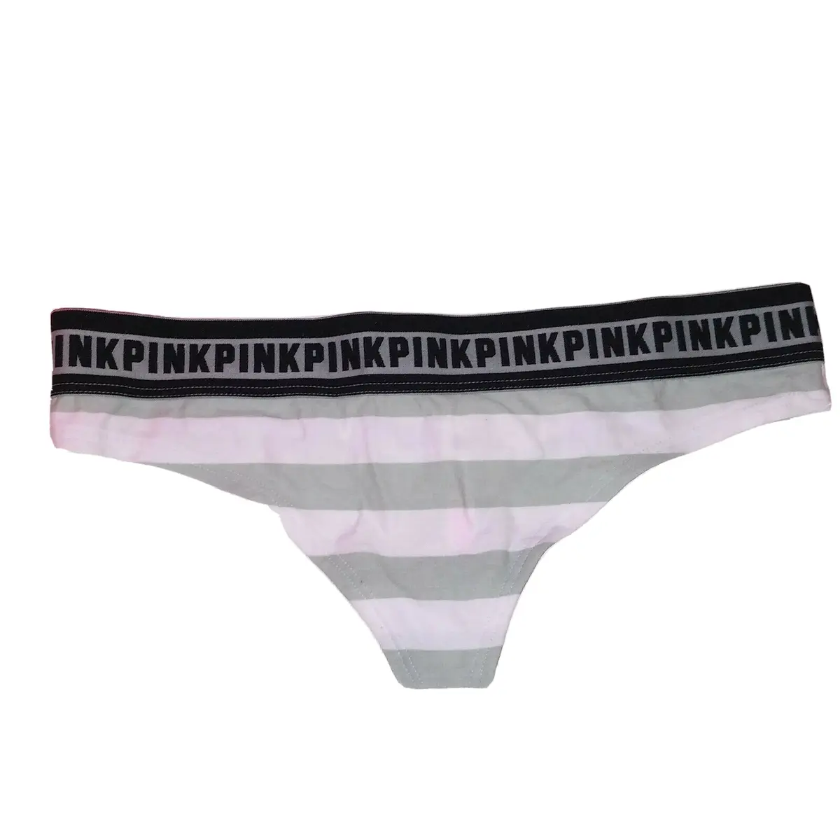 Victoria Secret PINK Panty Small Thong Green White Stripe Banded Logo Trim  New