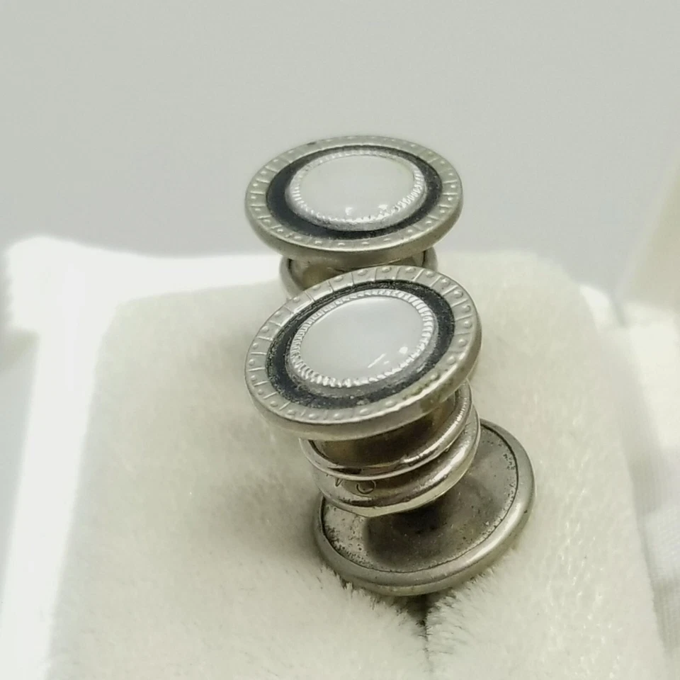 Vintage Black Enamel Snap Link Cufflinks Mother of Pearl Silver Tone Art Deco - Image 2 of 4