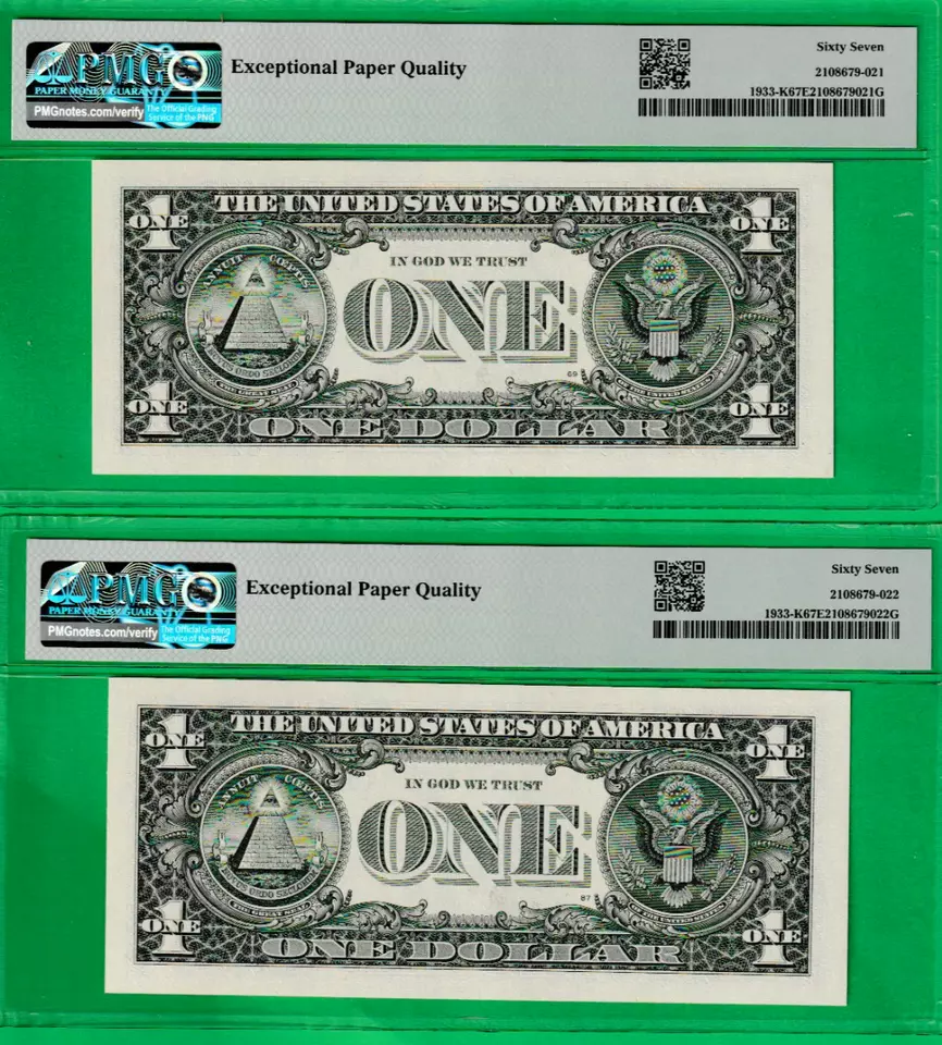 $1  Federal Reserve Notes RADAR & REPEATER Serial # 39900993 / 39903990 PMG 67 - Image 2 of 2