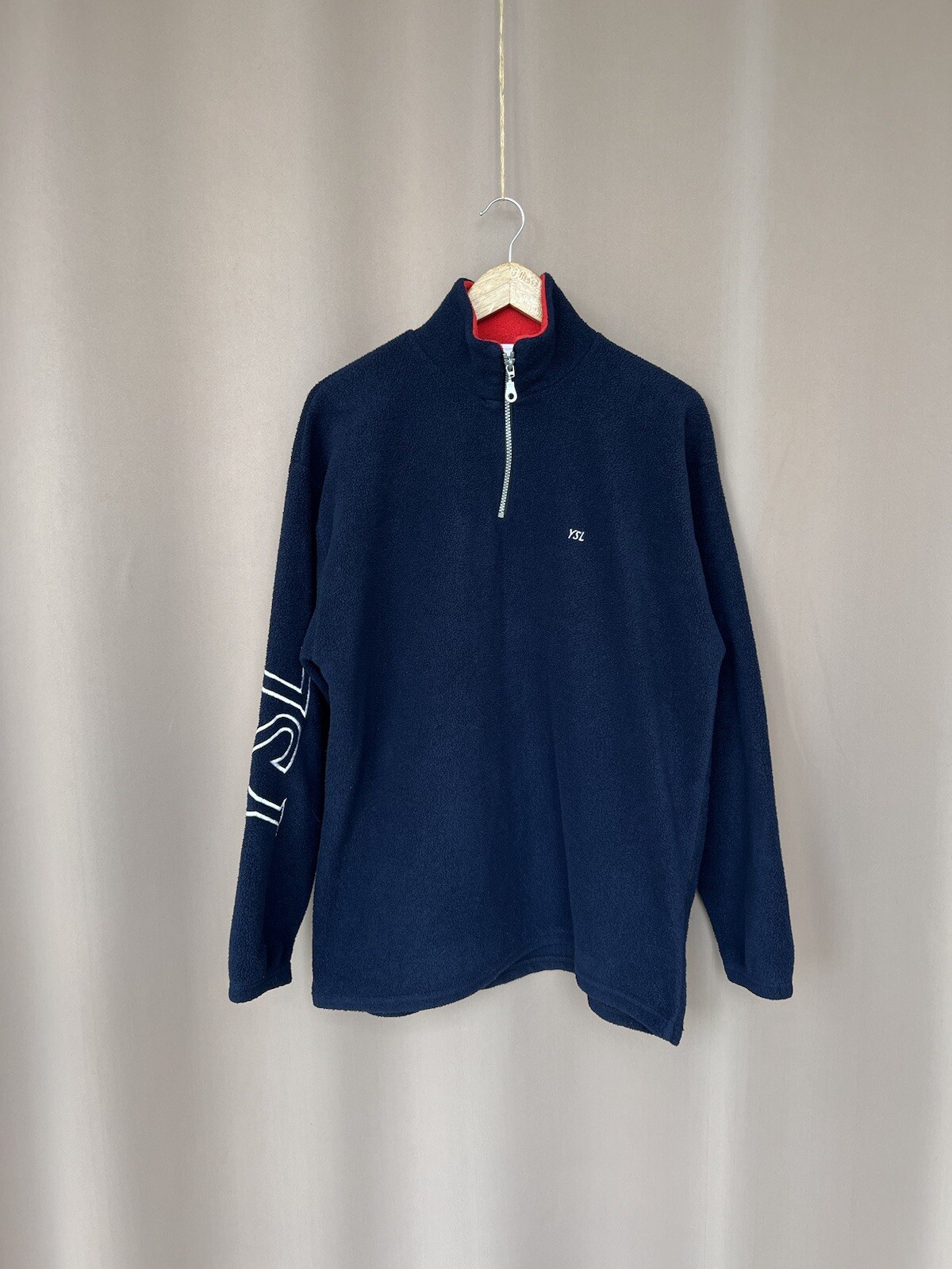 Maglione mezza zip pile Yves Saint Laurent manica logo YSL uomo taglia XL L blu