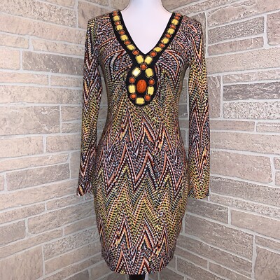 Vintage Va Va Voom Womens Beaded Boho Geometric Zigzag Long Sleeve Dress  Medium | eBay