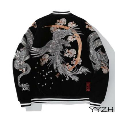 Mens Souvenir bomber Jacket Japanese Pattern Embroidery Sukajan