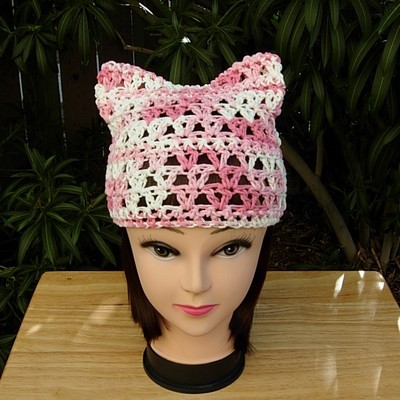 White and Pink Summer Pussy Cat Hat 100% Cotton Pussyhat