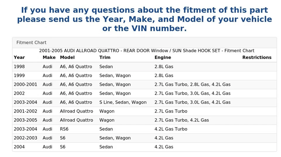 AUDI ALLROAD QUATTRO 2001-2005 - JUEGO DE GANCHOS PUERTA TRASERA VENTANA/PARASOL Foto 4 de 4