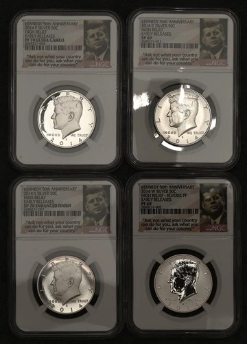 2014 Kennedy 50th Anniversary Silver High Relief NGC PF70-SP70-PF69-SP69