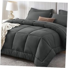 Comforter Set, 7 Pieces Bed in a Bag Complete Bedding Set Queen Dark Grey