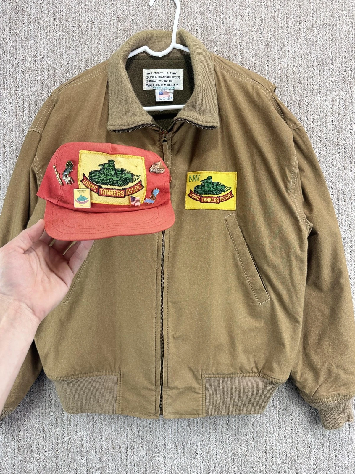 Vintage Avirex Tank Jacket Mens Medium Brown US Army Wool Lined USMC Patch 80s