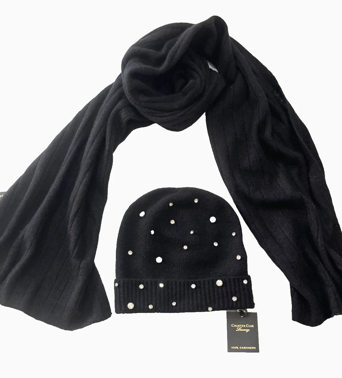Charter Club 100% Cashmere Black Scarf & Rhinestone Beanie Hat set - retail $228
