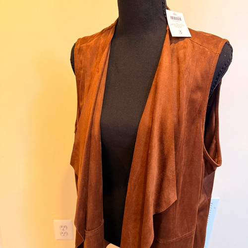 Chico's Women's Brown Long Draped Open Front Vest Pockets Sleeveless Size XL