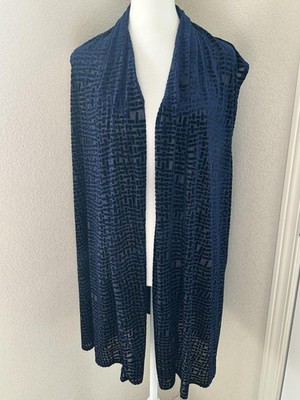 Susan Graver Vest Womens 2X Blue Velvet Burnout Geometric Sheer Long Open Front