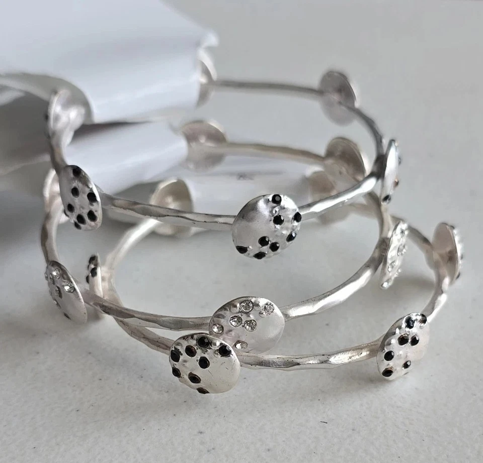 Michele's Attic Boutique Matte Silver Hammered Bangles (3PCS) with Rhinestones - Image 2 of 4