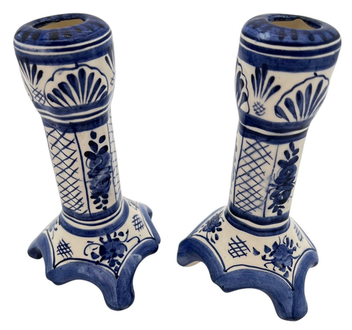 Vtg Pair Of Bud Flower Vases Blue White Hand Painted RARE Country Cottage 6.5" - Picture 5 of 20