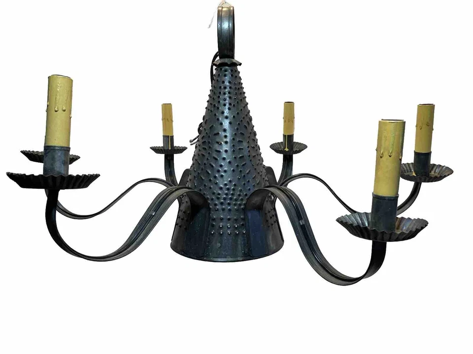 Primitive - Rustic ☆ Witches Hat Style ☆ Kettle Black Punched Tin Chandelier NOS - Image 4 of 4