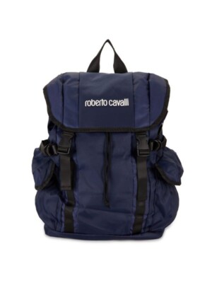 $350 NWT Roberto Cavalli Logo Utility Backpack Navy Blue 18''W x 17''H x 5''D