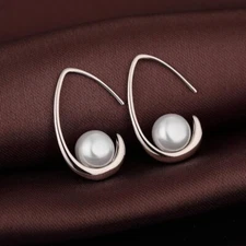 Fashion Woman White Gold Plated Pearl Earring Hook Drop Dangle Anti tarnish
