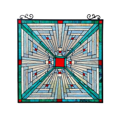 Stained Glass Window Panel Tiffany Style Colorful Mission Arts & Crafts  25 x 26