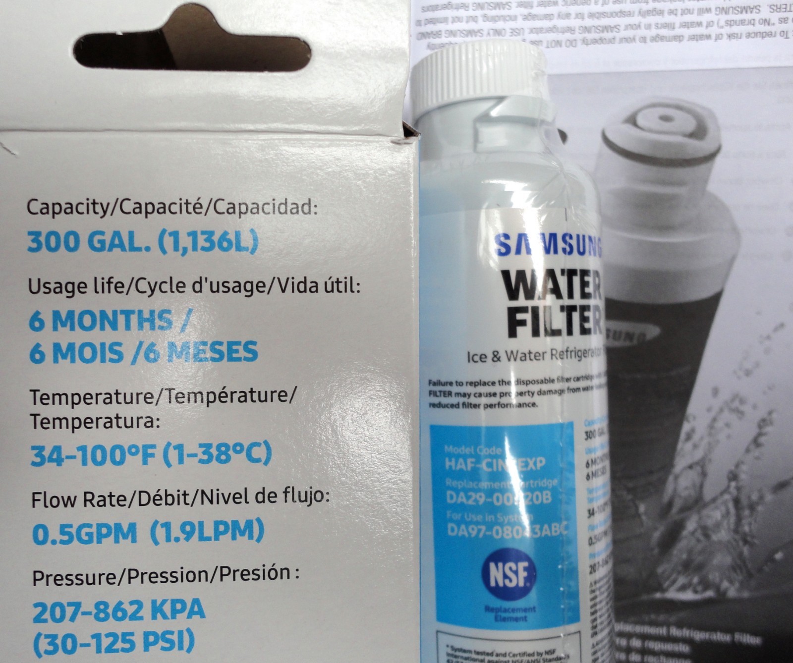 Samsung SRF679SWLS, SRF680CDLS, SRF731GDLS fridge water filter genuine