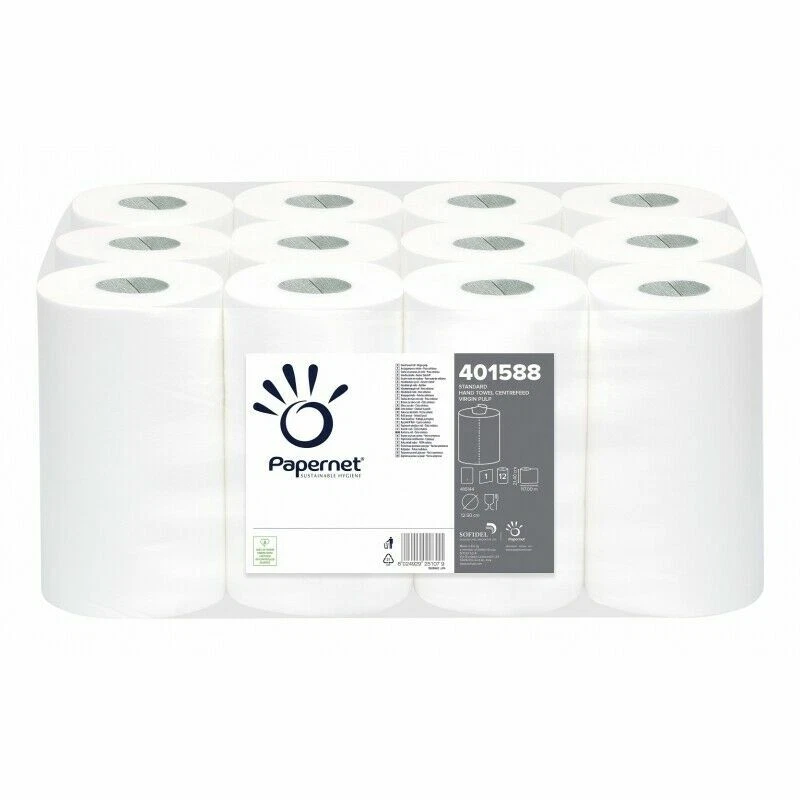 PAPERNET 12 Handtuchrollen Mini für Tork M1 Innenabrollung 117M 1 lagig Putzrollen Papier